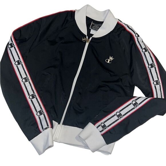 Champion Black Logo Embroidered Full Zip Crown Track Jacket Size Small - Picture 1 of 15